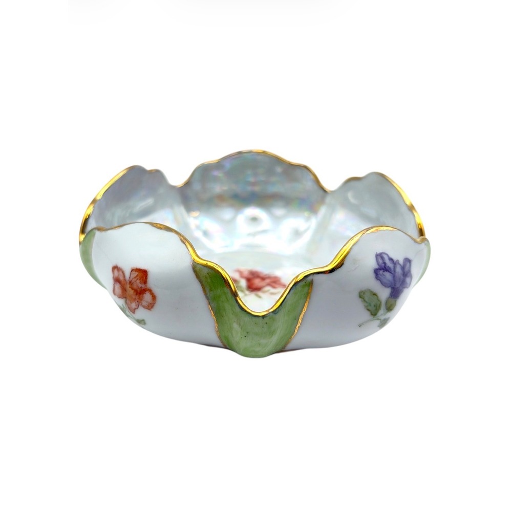 Vintage Hamilton Lustreware Porcelain Trinket Dish Hand Painted Floral Gold Rim